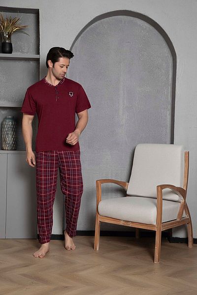 Moon Line Claret Red Men's Pajama Set - Short Sleeve