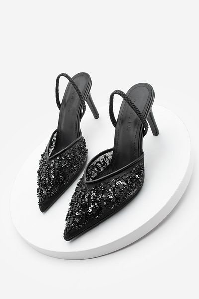 Marjin Women's Stiletto Pointed Toe Open Back Elastic Embroidered Mesh Beaded Heeled Shoes Sendi Black