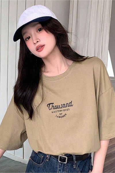 DUBU BUTİK Thousand Single Jersey T-shirt - Beige Printed Oversize Crew Neck Short Sleeve T-Shirt