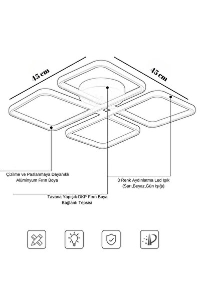 DEFNE AVİZE LEVENT Novem Siyah Plafonyer Kumandalı Ultra Süper 3 Renk Işık Mutfak Oda Hol Ledli Avize
