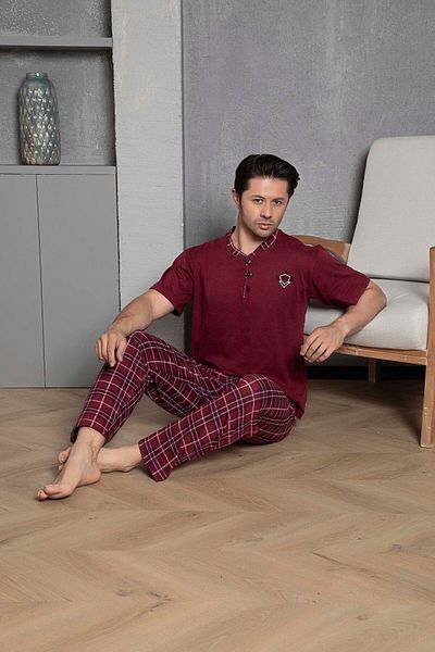 Moon Line Claret Red Men's Pajama Set - Short Sleeve