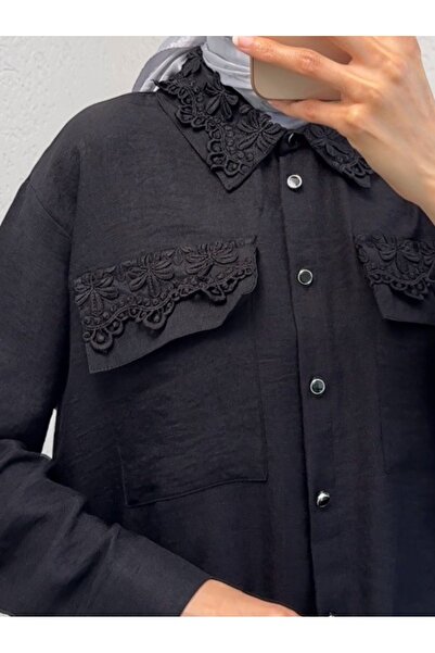 Modamorfo Lace Detail Shirt with Collar and Pockets -Black