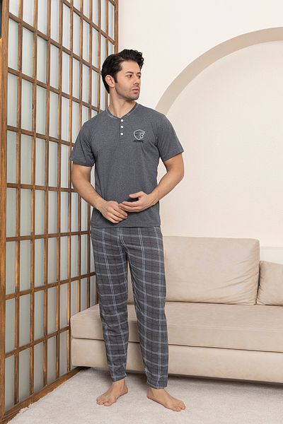 Moon Line Men's Combed Cotton Smoked Plaid Short Sleeve Pajama Set