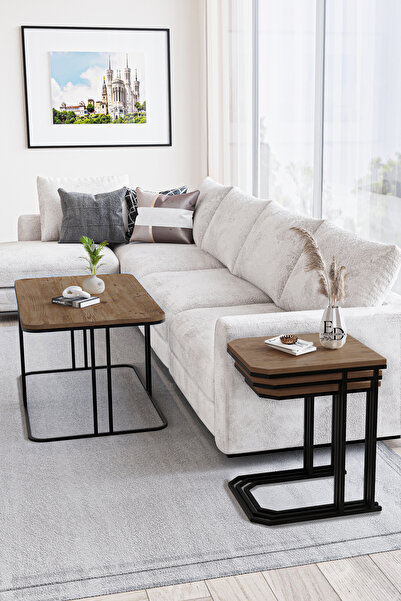 ED Efelez Design Zigon Sehpa , Lyon 3'lü C Zigon Sehpa Takımı , Siyah Metal - Atlantik Çam Tabla