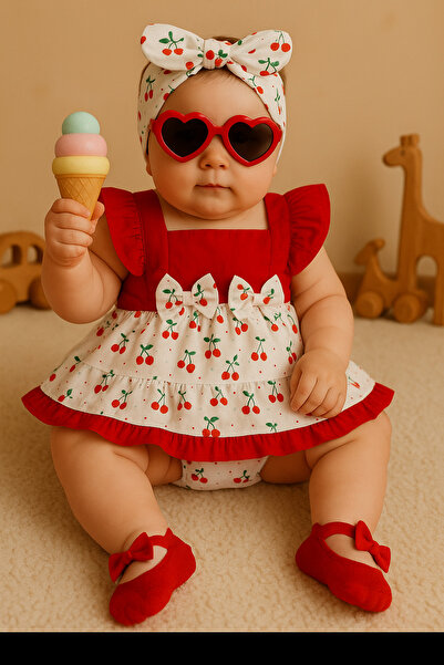 Mini Kids Baby Kız Bebek Kiraz Desenli Salopet Babet Çorap Bandana Takım