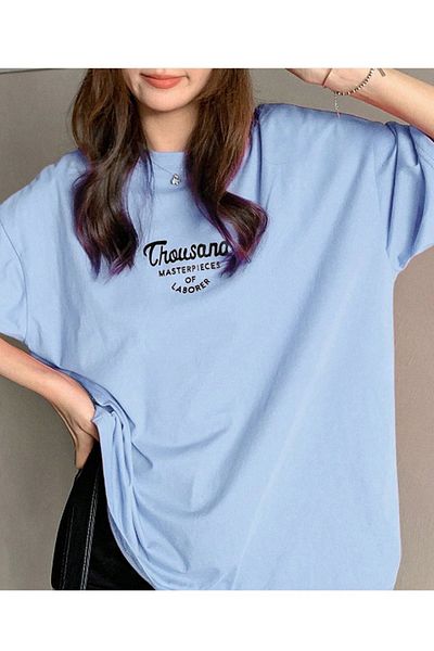 DUBU BUTİK Thousand Single Jersey T-shirt - Baby Blue Printed Oversize Crew Neck Short Sleeve T-Shirt