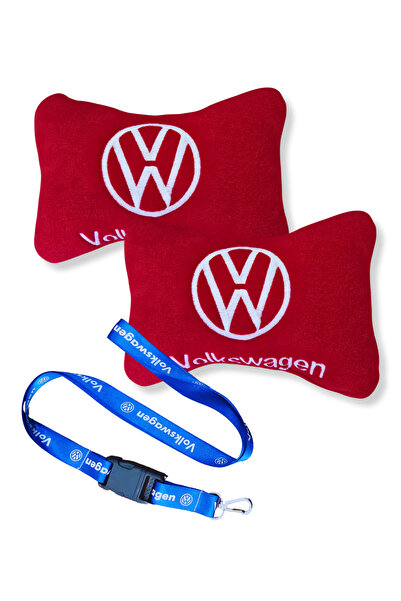 TUSBA MARKET Pernă ortopedică pentru scaun auto, compatibilă cu Volkswagen, din lână roșie, pentru călătorie, pentru gât și curea pentru oglindă auto albastră