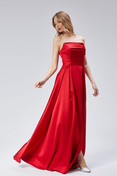 Asees Women's Evening Dress and Graduation Dress Strapless Satin Evening Dress with Rhinestone Drape Detail Slit