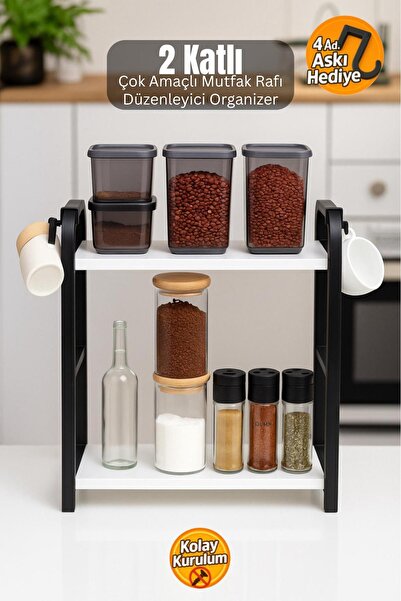 İSPA SHOP Tezgah Üstü 2 Katlı Beyaz Banko Üstü Raf Mutfak Rafı Baharatlık