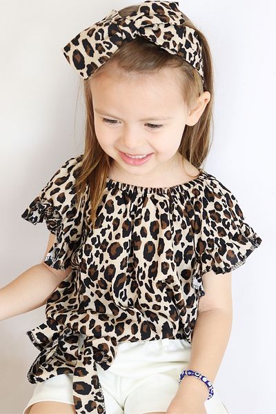 Parla Kids Baby Girl Viscose Leopard Madonna Collar Shorts Bandana Bottom Top Set