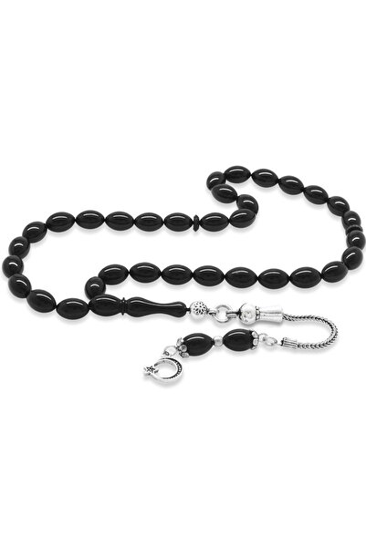 Tesbihane 925 Ayar Gümüş Püsküllü Bilek Boy Siyah Sıkma Kehribar Tesbih