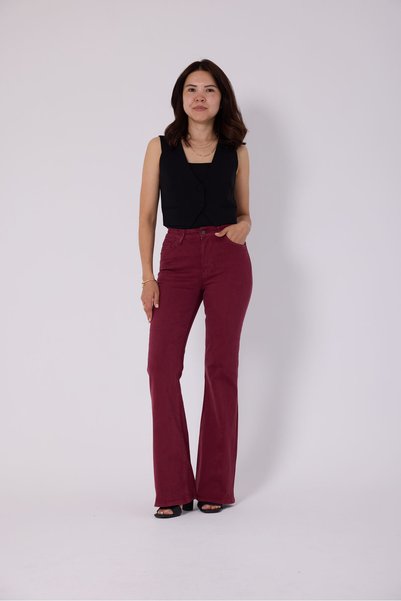 CRC JEANS Pantaloni de damă din denim Jean Burgundy Flare Lycra cu talie înaltă pantaloni spalati cu picioare spaniole