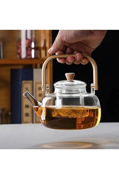 morponi Borosilicate Glass Herbal Tea Infuser with Bamboo Lid and Bamboo Handle 1000 ml