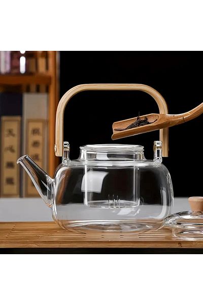 morponi Borosilicate Glass Herbal Tea Infuser with Bamboo Lid and Bamboo Handle 1000 ml