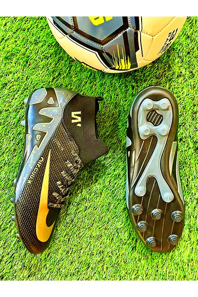 ClassyMen Walket Black Gold Color Boys' Spiked Crampons Astroturf Football Sports Shoes