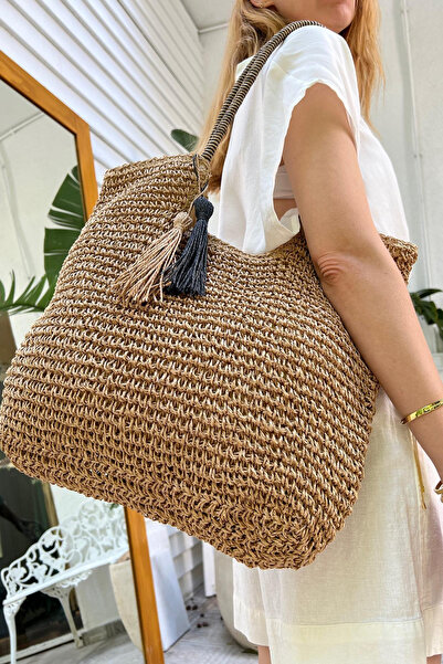 FASHION COCKTAIL Geantă de paie pentru club de plajă, cu model zebră, cu buzu...