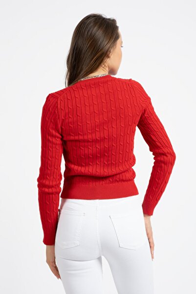 RTD&VLD Kadın Vt113 V Yaka Örgü Desen %100 Pamuk Triko Kazak Kırmızı