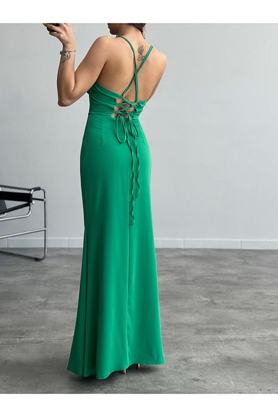 FASHION COCKTAIL Μακρύ βραδινό φόρεμα με κορσέ πλάτη, βαθύ αριστερό σχιστό σατέν λουράκι