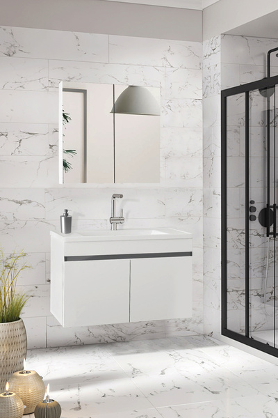 Alfa Banyo Viola-antes 80 Cm Komple Mdf Banyo Dolabı, Seramik Lavabolu Banyo Dolabı Seti Hazır Kurulu-antrasit