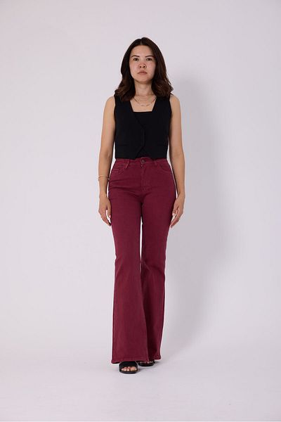 CRC JEANS Women's Denim Jean Burgundy Flare Lycra High Waist Flared Trousers