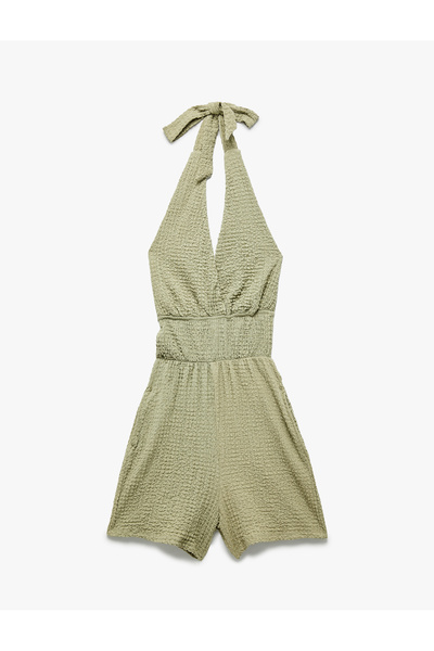 Koton Gimped Pocket Textured Double-Breasted Halter Neck Mini Shorts Jumpsuit