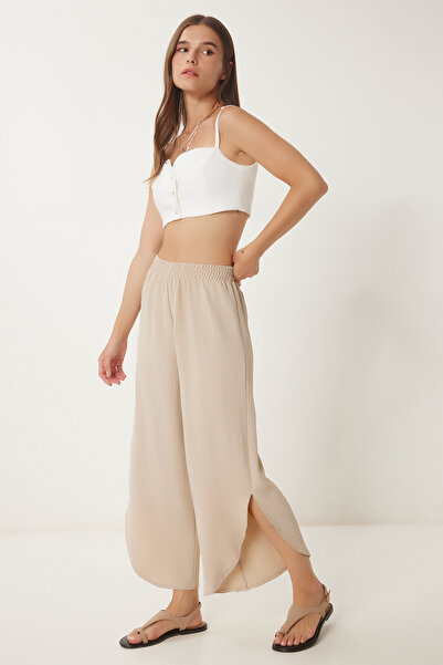Lovelyİstanbul Yandan Yırtmaçlı Ayrobin Şalvar Pantolon KREM LDE0003
