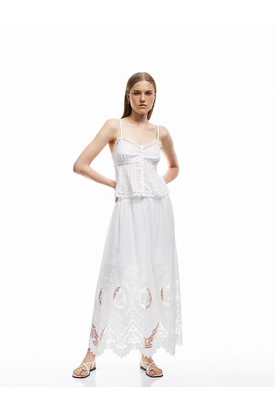 Koton Cotton Lined Brode Detailed Scalloped Midi Flared Skirt