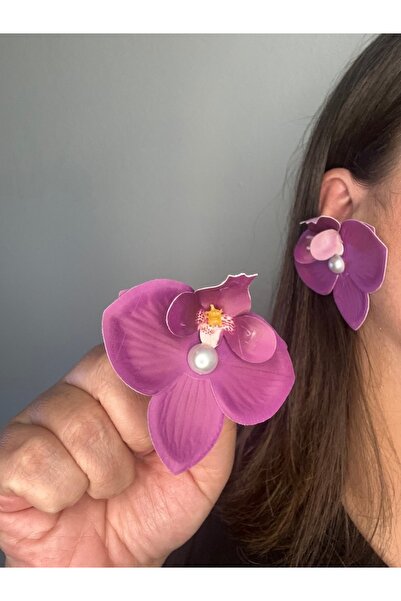 alsaccessories Kadın Mor Renk Ortası İncili Orkide Model Akrilik Küpe