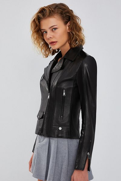 Derimod Bella Women's Black Slim-fit Biker Leather Jacket - 23wgd5106u4