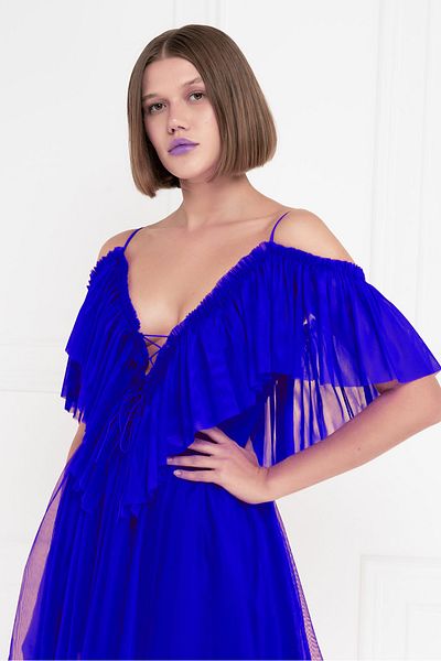 FASHION COCKTAIL Snur Piept Detaliu dantelă Tulle Volanat De pe umăr Rochie de seară zburătoare Invitație Rochie de cocktail Albastru