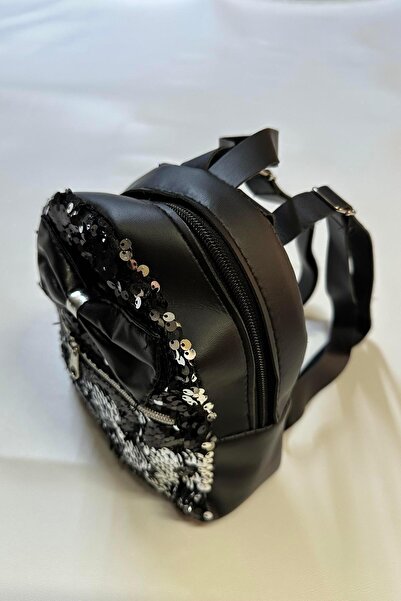 Hobigram Black Sequin Leather Girl's Bag with Bow Tie Detail Children's Clothes Children's Accessory Backpack
