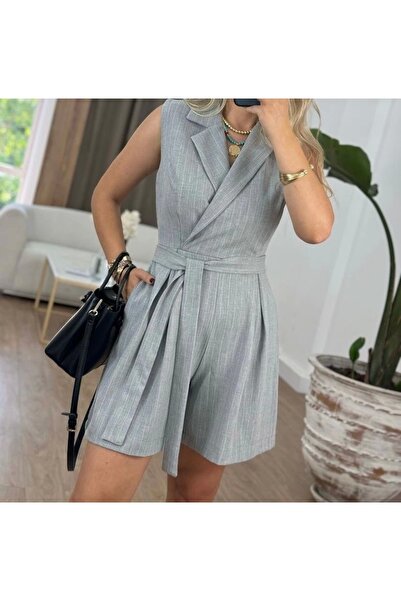 Selence Kuşaklı çizgili kısa tulum gri