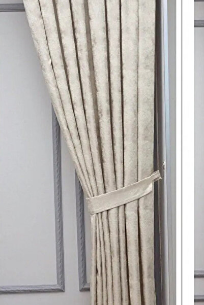 Emes Beige Royale Pattern Background Curtain, Pleated Wrinkle Free and Private Collection Single Sash