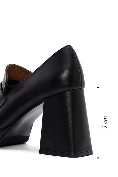Derimod Women's Black Thick High Heels 100% Leather, Genuine Leather Masculine Penny Loafer Shoes, Casual Shoes