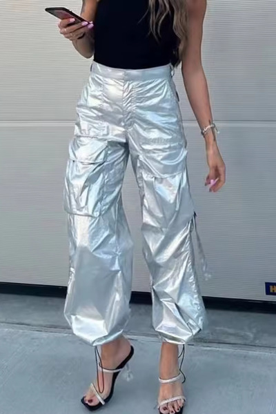 FASHION COCKTAIL Lame Paraşüt Kumaş Boru Paça Ayarlı Büzgülü Cepli Hiphop Kar...