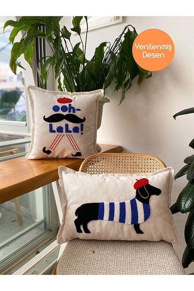 RahanDesign Oh La La - Sausage Dog Patterned Set of 2 Punch Throw Pillow Covers - Punch Embroidered Throw Pillow Cover Set