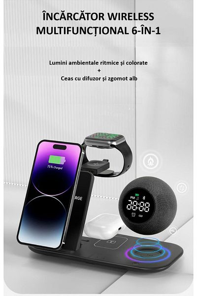 zyteq Boxa portabila ZYTEQ®️ cu incarcator wireless 6 in 1, Bluetooth, fast charge, neagra
