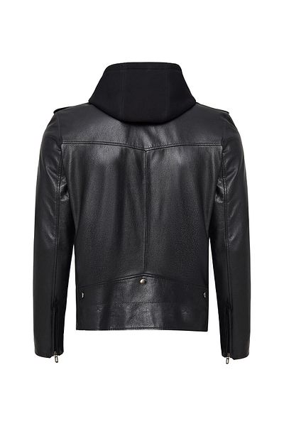Derimod Butler Men's Black Hooded Biker Leather Jacket 24Wgf6527Ft