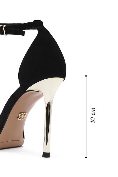 Derimod Women's Black Ankle Strap Thin High Heel Suede Leather Shoes 24Wfd 490010