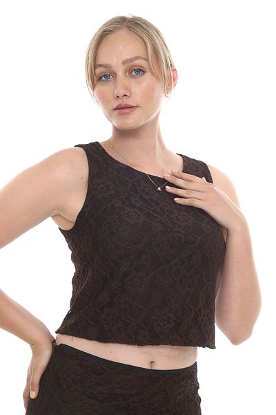 MODAMOR Brown Crop Blouse with Lace Detail