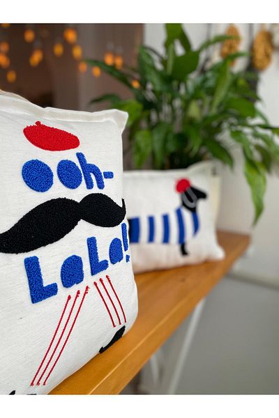 RahanDesign Oh La La - Sausage Dog Patterned Set of 2 Punch Throw Pillow Covers - Punch Embroidered Throw Pillow Cover Set