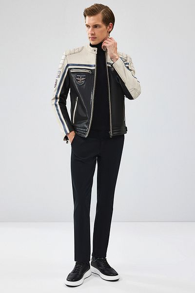 Derimod Takeoff Men's Black Embroidered Leather Jacket 24Wgm6511Wf