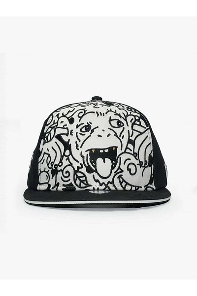 Rust&Rich Women Men Black/White Snapback Cap Art Collection Doodle Monkey