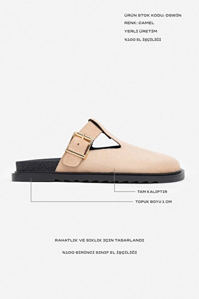 NİŞANTAŞI SHOES Жіночі капці з верблюжої замші Oswin з детальною пряжкою на плоскій підошві