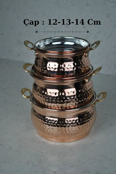 Tanemce Mini Stew Pot Set of 3 Hand Forged Red 12-13-14 cm Copper Pot