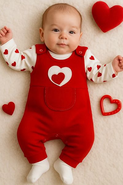 NAFİTTO Heart Baby Girl Jumpsuit 3-Piece Jumpsuit Set – Sleeved Bodysuit, Pocket Jumpsuit and Socks |   3-6-9 Months Baby Clothes