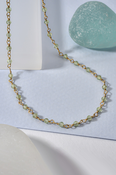 Nox Jewelry 14K Altın Kaplama Peridot Taşlı Rosary Zincir Gümüş Kolye Açık Ye...