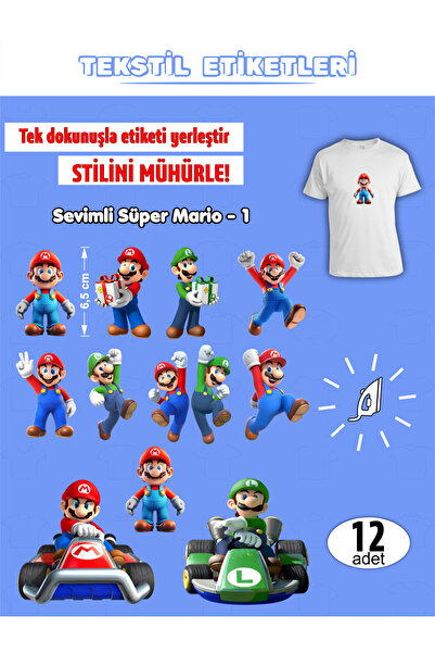 AGG Reklam Ütü Ile Yapışan Kıyafet Etiketi Süper Mario-1 12li Set