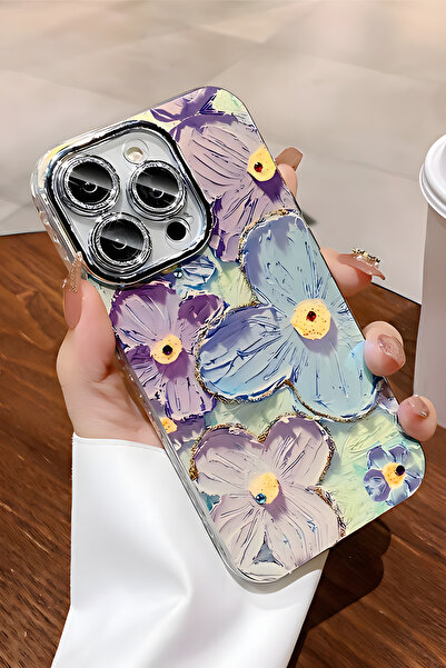 Fibaks iPhone 16 Pro Case Color Changing Stone Camera Lens Protection Blue Flower Pattern Shock Absorbing Cover