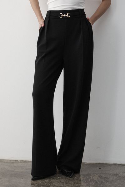 JASTE Women's Black Lycra Buckle Belt Detailed Elastic Palazzo Trousers